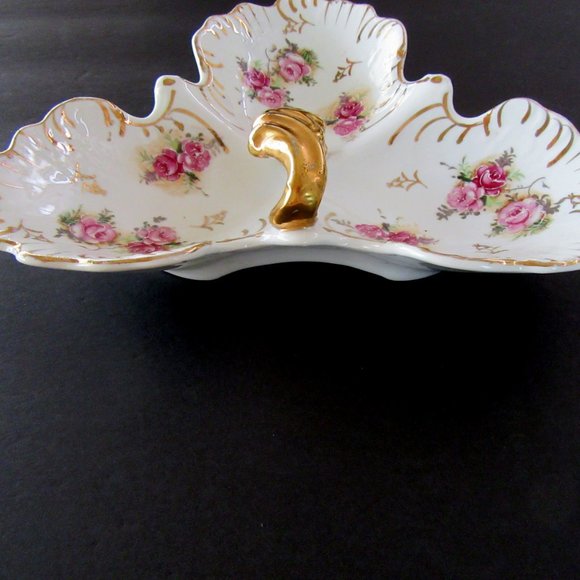White porcelain gold trimmed 3 section candy or bon bon dish -lavender roses - Picture 3 of 10